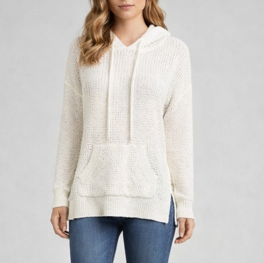 Poof! Ivory Textured Knit Hoodie with Side Slits Size L NWOT